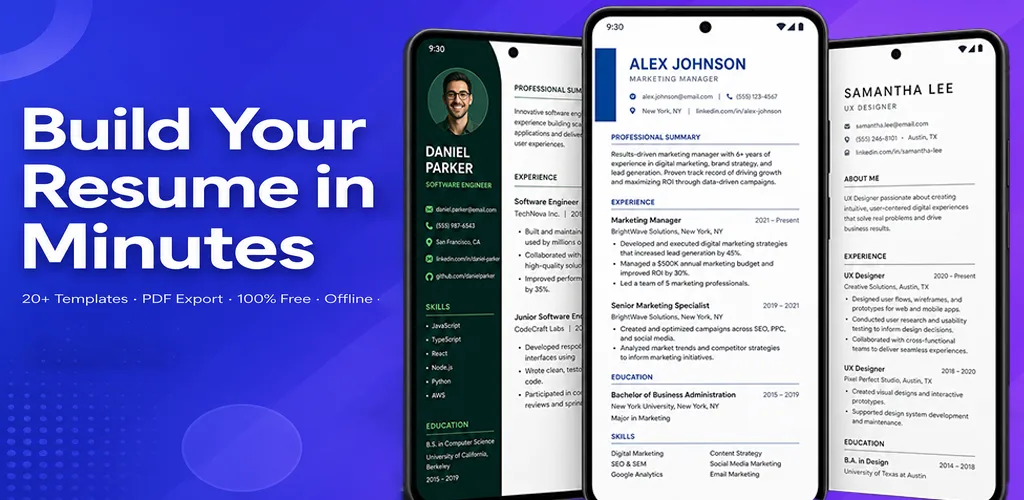 Android resume builder app showing ATS-friendly CV templates on Google Play — modern, professional, and minimal layouts
